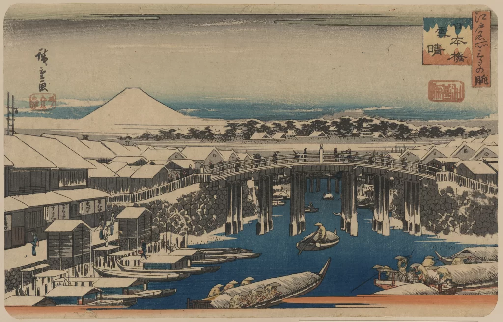 Traditional Japanese Landscape Mount Fuji River Bridge Boats Edo Period