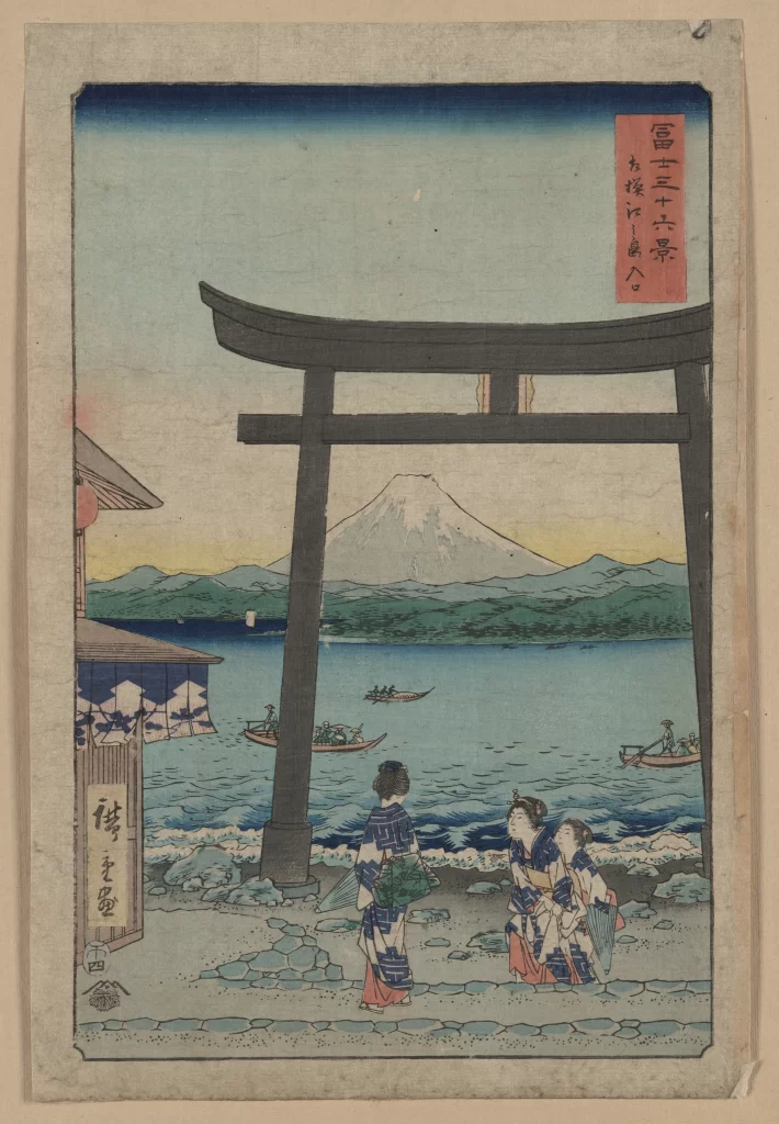 Traditional Japanese Landscape Mount Fuji Torii Gate Women In Kimonos Boats On Water