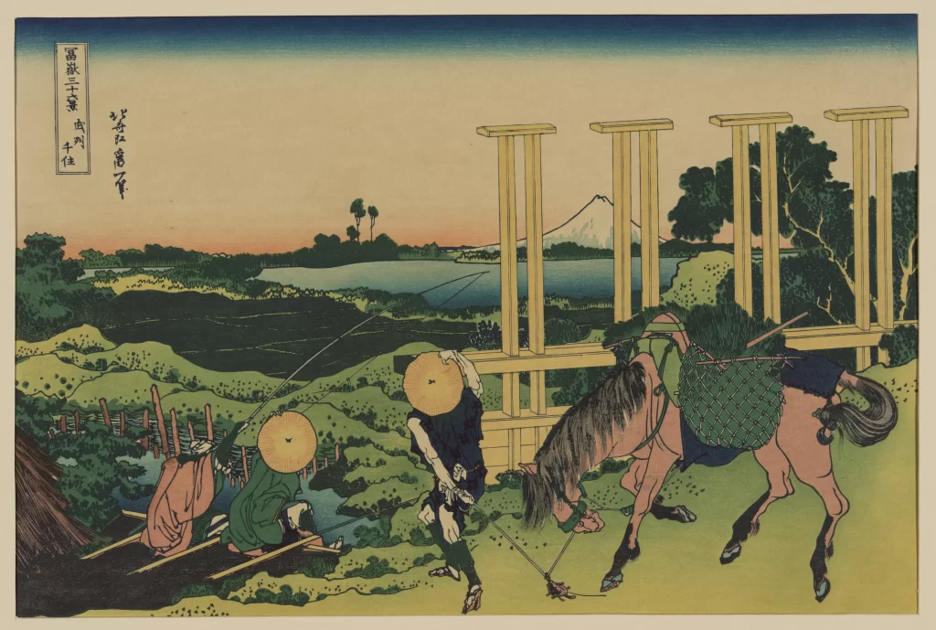 Traditional Japanese Landscape Mount Fuji Travelers Horse Fishing Rural Scene