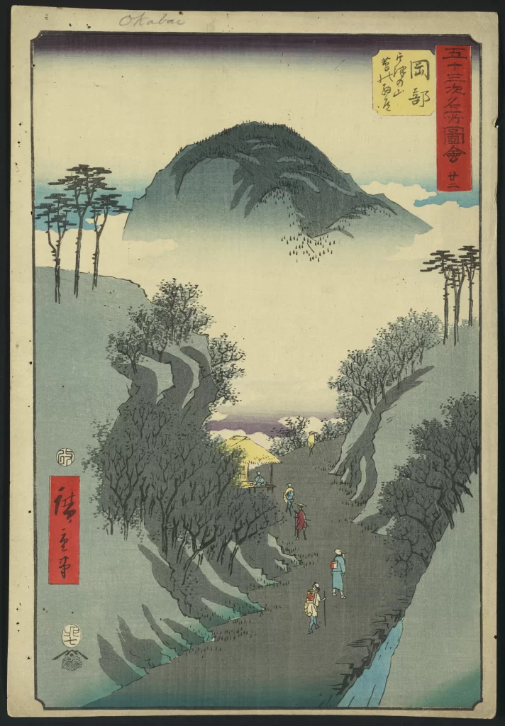 Traditional Japanese Landscape Mountain Pathway Travelers Trees