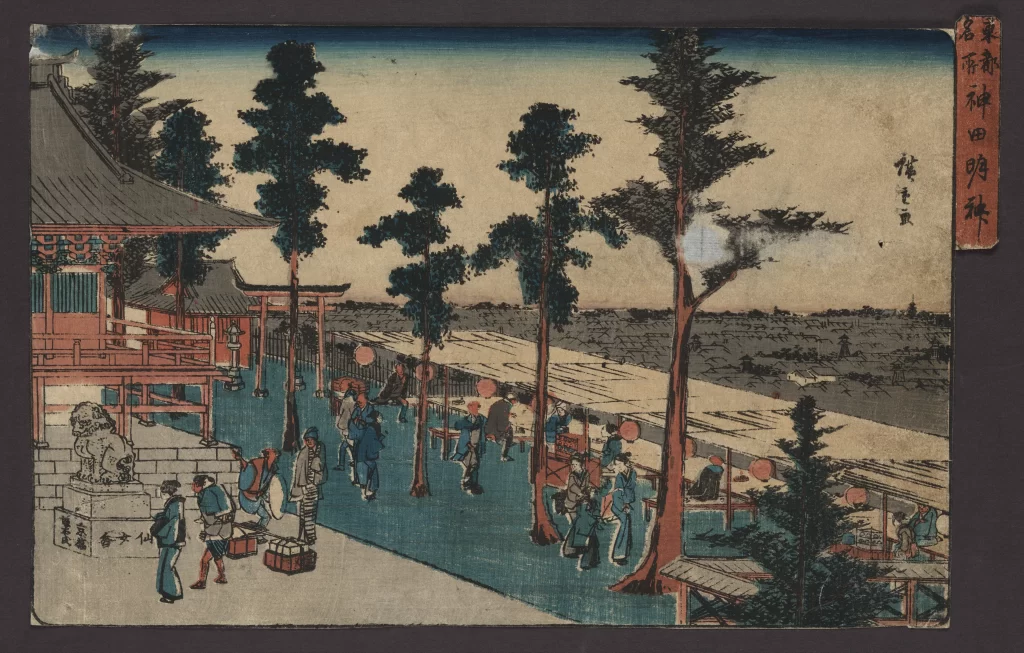 Traditional Japanese Landscape People Architecture Trees Market Cultural Scene