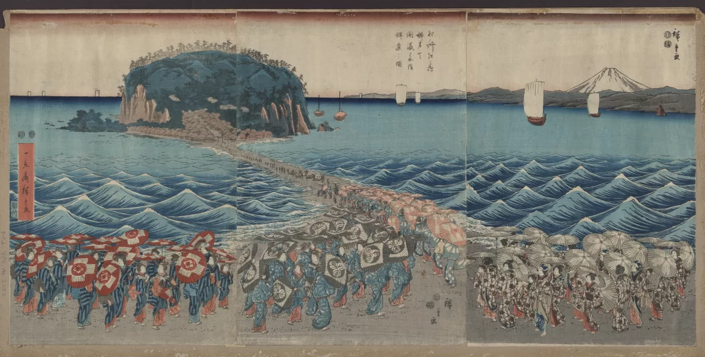 Traditional Japanese Landscape Procession Umbrellas Waves Mount Fuji Boats