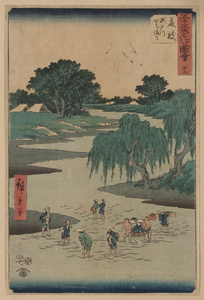 Traditional Japanese Landscape River People Trees Willow Rural Scene