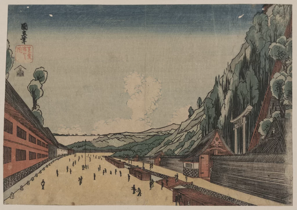 Traditional Japanese Landscape Serene People Nature Architecture Woodblock Print