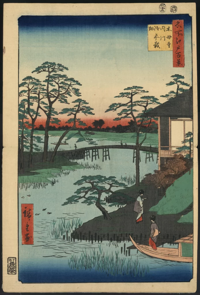 Traditional Japanese Landscape Serene River Wooden Bridge Pine Trees Figures In Kimono Tranquil Setting