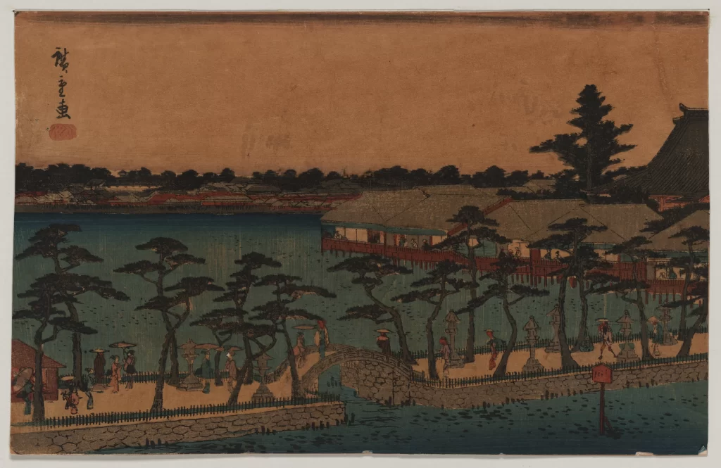 Traditional Japanese Landscape Serene Water Trees Architecture People