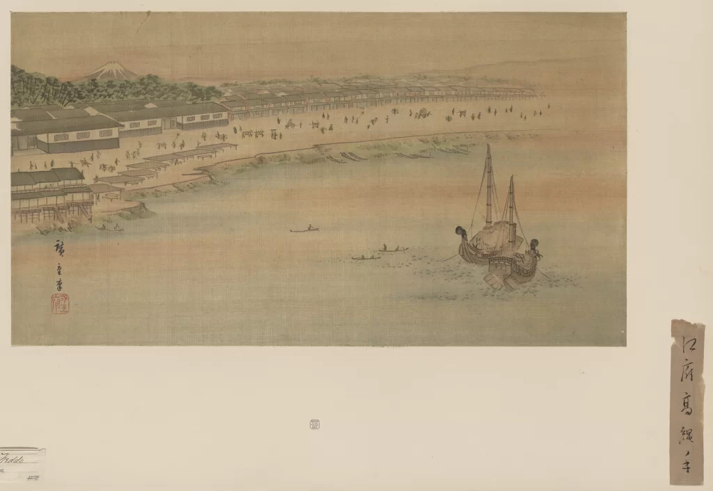 Traditional Japanese Landscape Serene Waterscape Boats Distant Mountain Historical Architecture Tranquil Scene