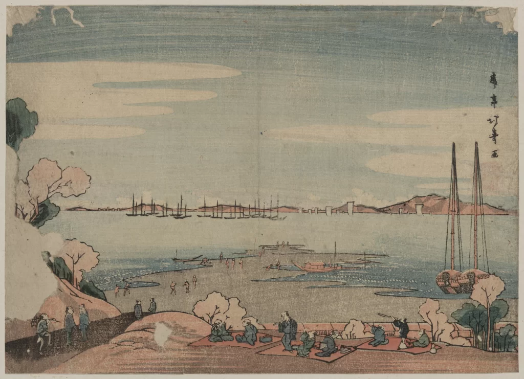 Traditional Japanese Landscape Serene Waterscape Boats People Trees Distant Mountains