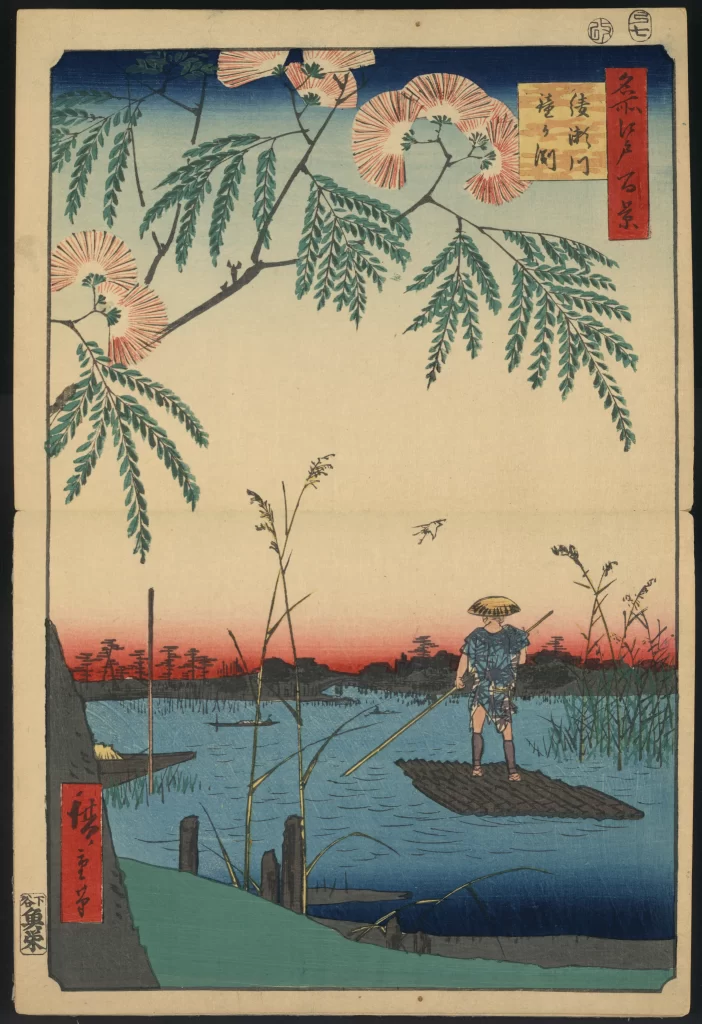 Traditional Japanese Landscape Serene Waterscape Figure In Boat Natural Elements Soft Colors Cultural Scene