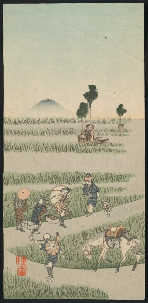 Traditional Japanese Landscape Travelers Horse Rural Scene Mount Fuji