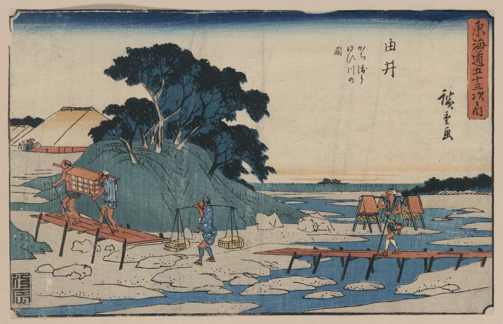 Traditional Japanese Landscape Travelers Wooden Bridge River Trees Architecture