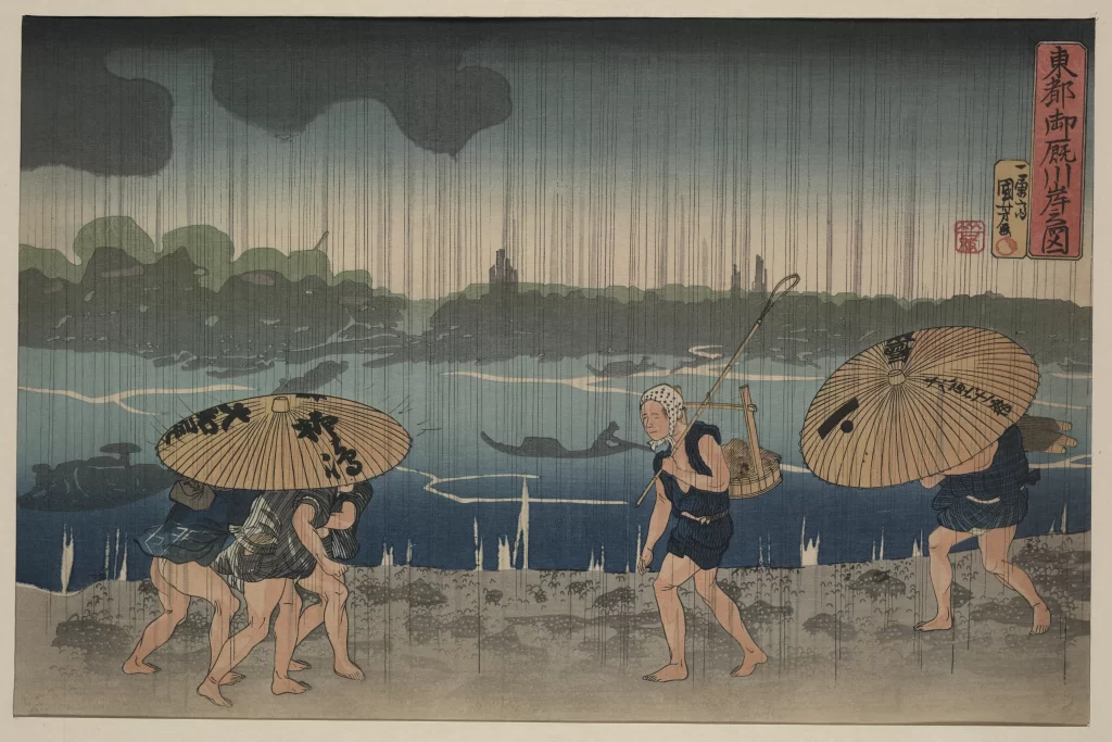 Traditional Japanese Rainy Scene Umbrellas Riverbank Sumo Wrestlers Edo Period Ukiyo-e Art