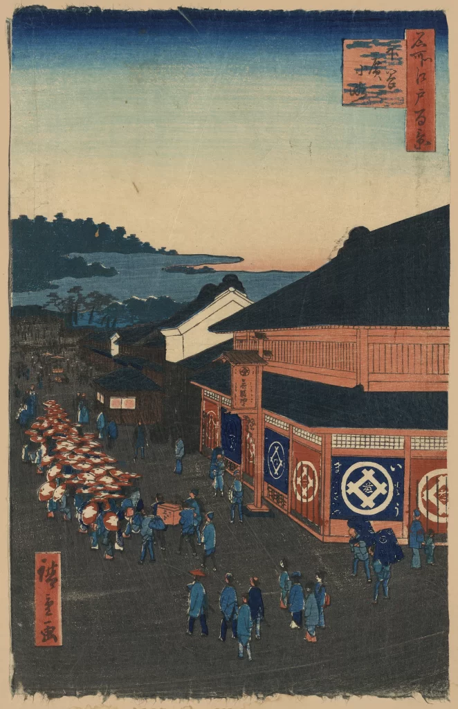 Traditional Japanese Scene Edo Period Marketplace Daily Life Cultural Depiction Historical Art