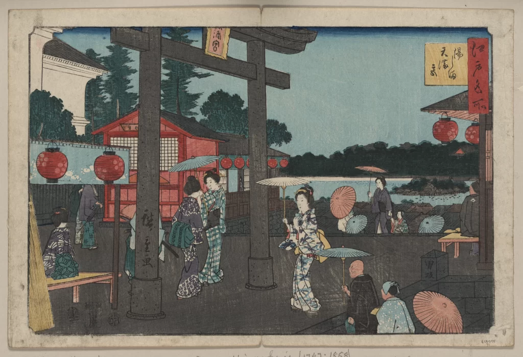 Traditional Japanese Scene Edo Period Woodblock Print Kimonos Umbrellas Cultural Setting