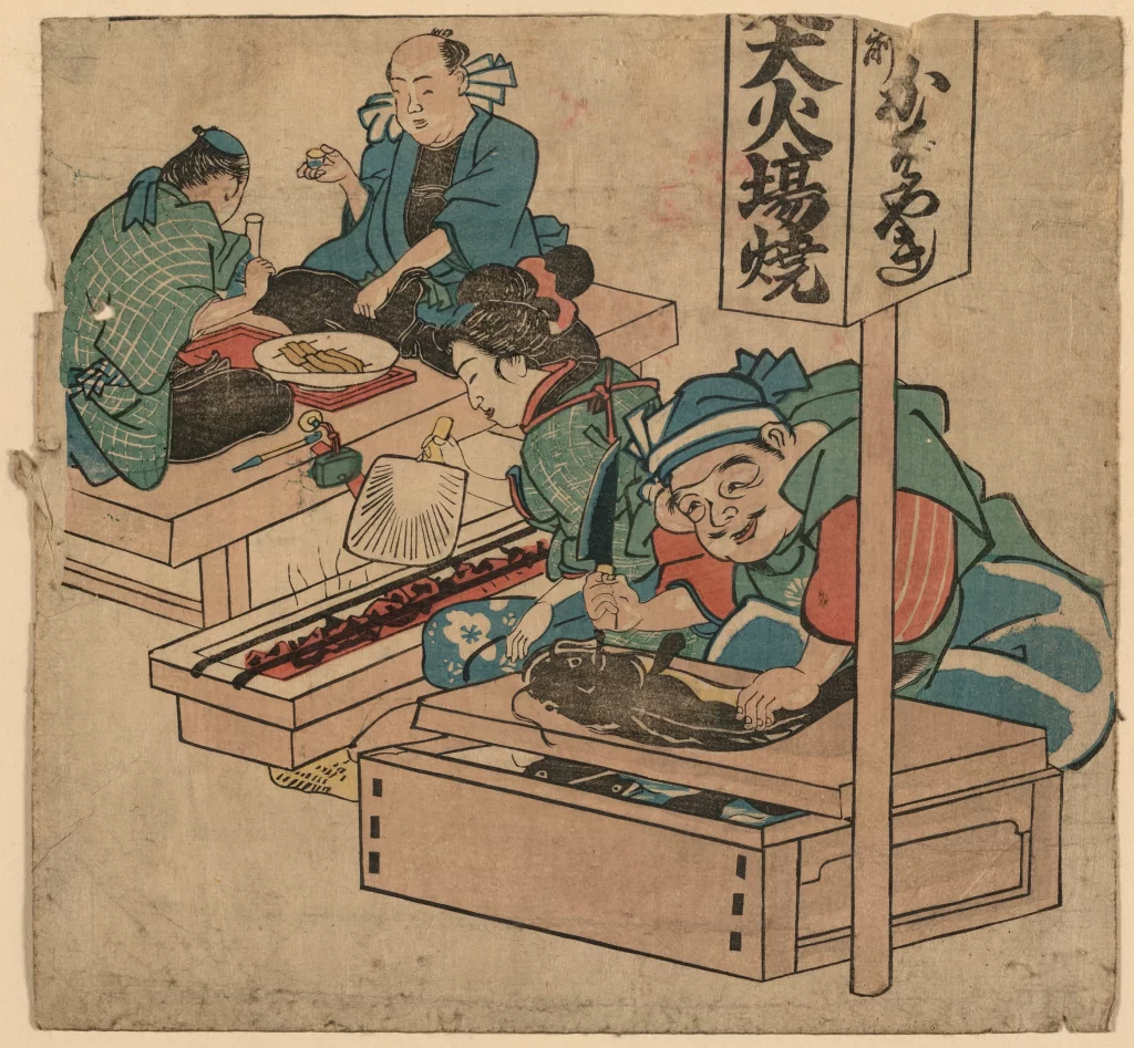 Traditional Japanese Scene Food Preparation Edo Period Daily Life Cultural Depiction Ukiyo-e Art