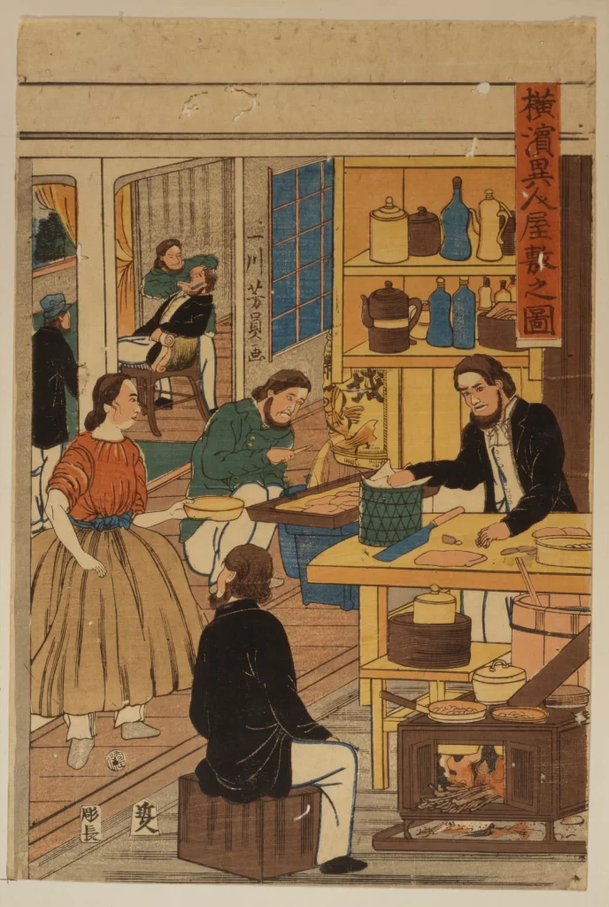 Traditional Japanese Scene Foreign Visitors Cultural Exchange Indoor Setting Daily Life Historical Context