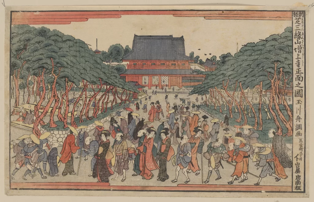 Traditional Japanese Scene Historical Architecture Procession Edo Period Cultural Festival Ukiyo-e Art