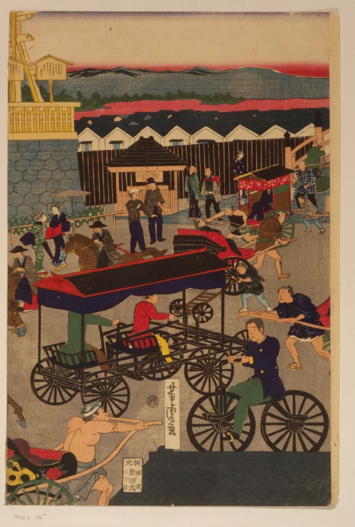 Traditional Japanese Scene Horse-drawn Carriage Historical Attire Urban Landscape Edo Period Cultural Depiction