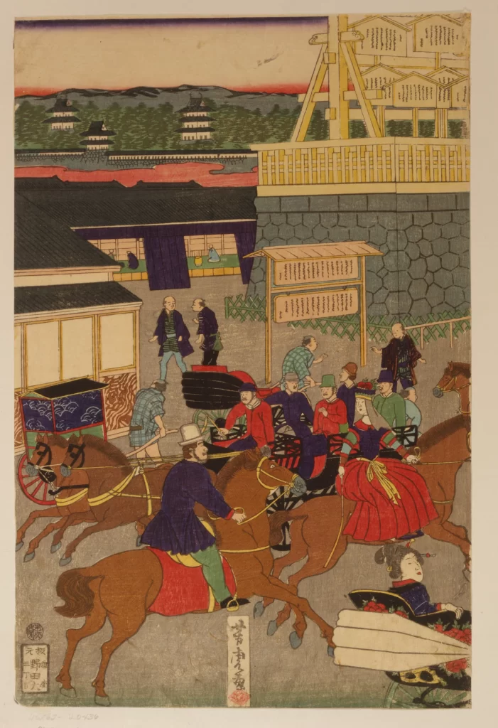 Traditional Japanese Scene Horseback Riders Historical Attire Castle Procession Ukiyo-e Art
