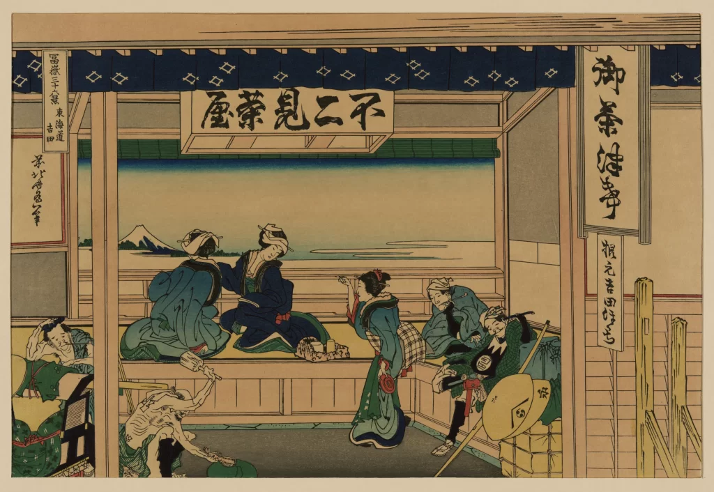 Traditional Japanese Scene Mount Fuji Tea House Edo Period Cultural Setting Daily Life