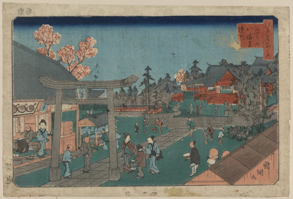 Traditional Japanese Scene People Architecture Nature Cultural Setting Historical Art