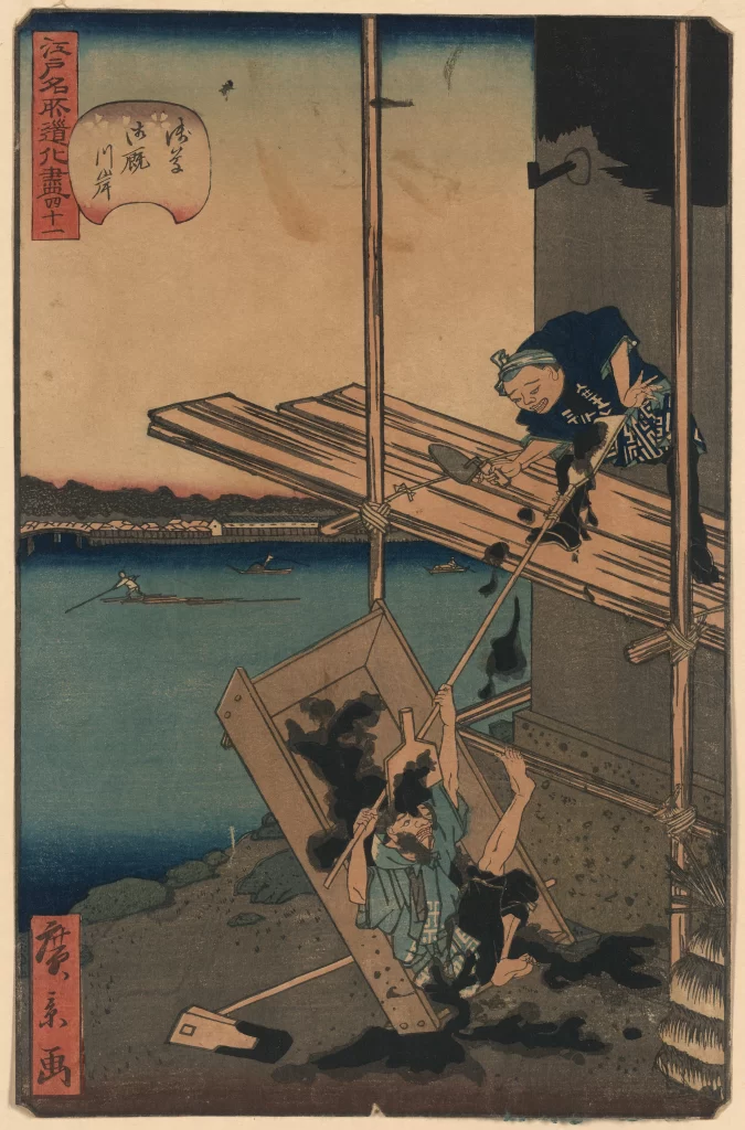 Traditional Japanese Scene River Boats Workers Edo Period Daily Life