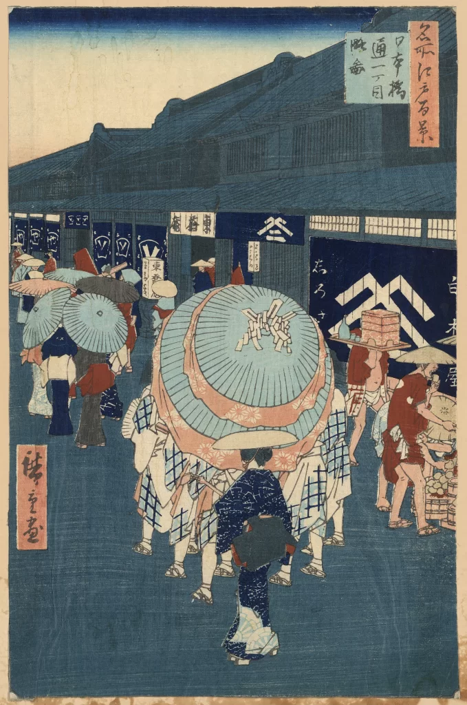 Traditional Japanese Street Scene Edo Period Umbrellas Merchants Architecture Daily Life