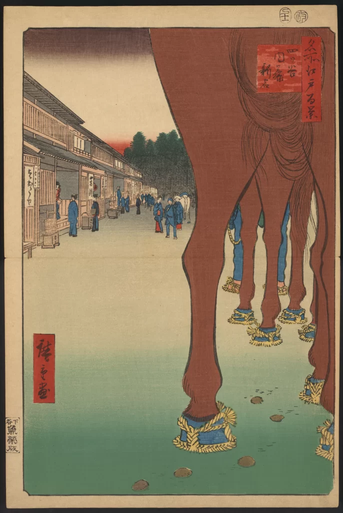 Traditional Japanese Street Scene Horses Wooden Architecture People In Kimonos Historical Setting Ukiyo-e Art Style