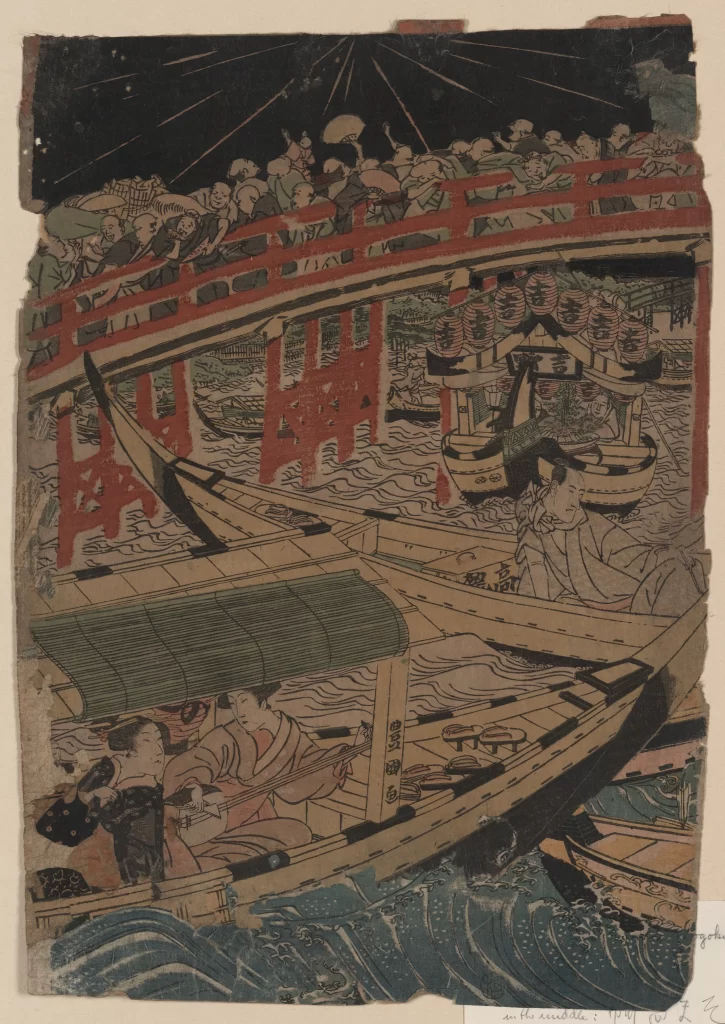 Traditional Japanese Ukiyo-e Boats Bridge People Festival