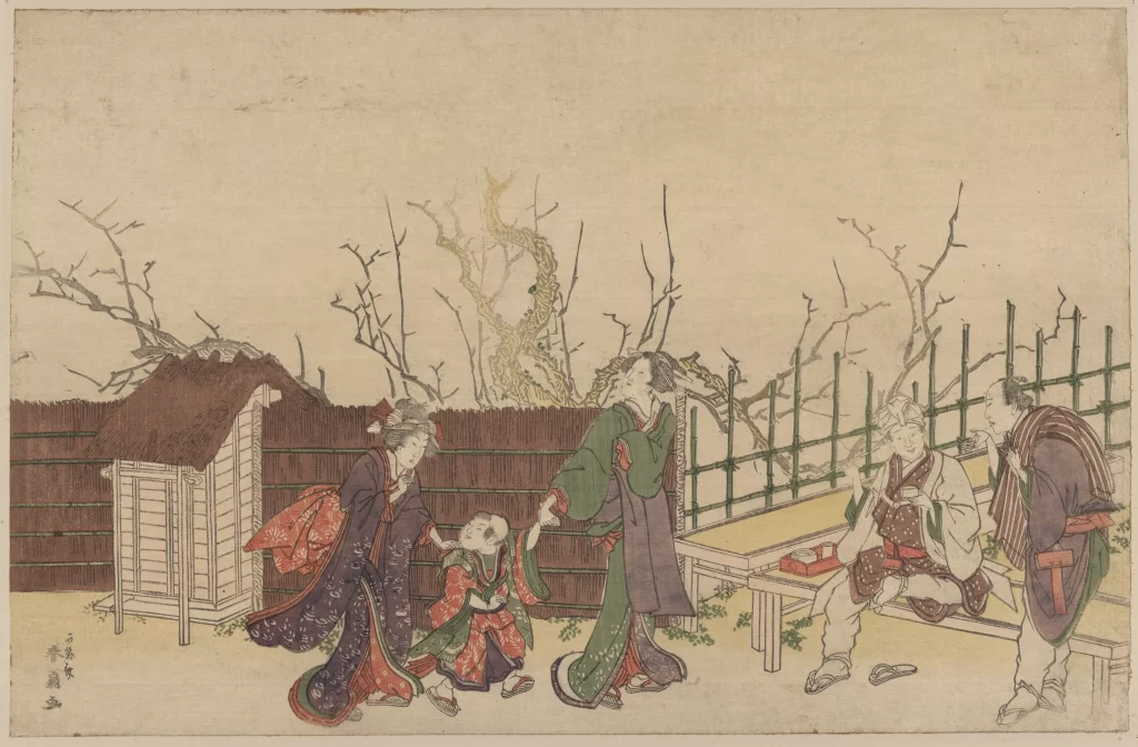 Traditional Japanese Ukiyo-e Family Outdoor Cultural Scene