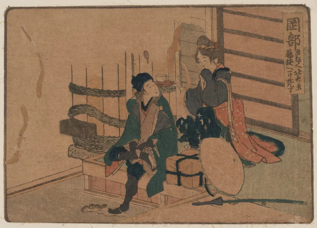 Traditional Japanese Ukiyo-e Historical Scene Cultural Attire Indoor Setting Artistic Representation