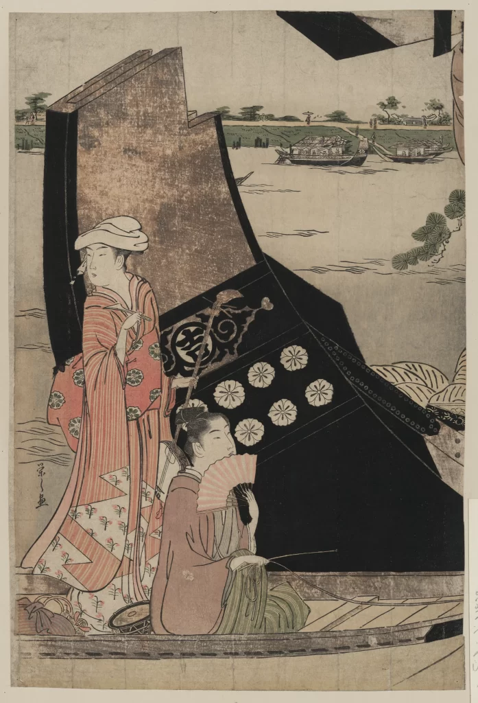 Traditional Japanese Ukiyo-e Kimono Boat Landscape Cultural Scene