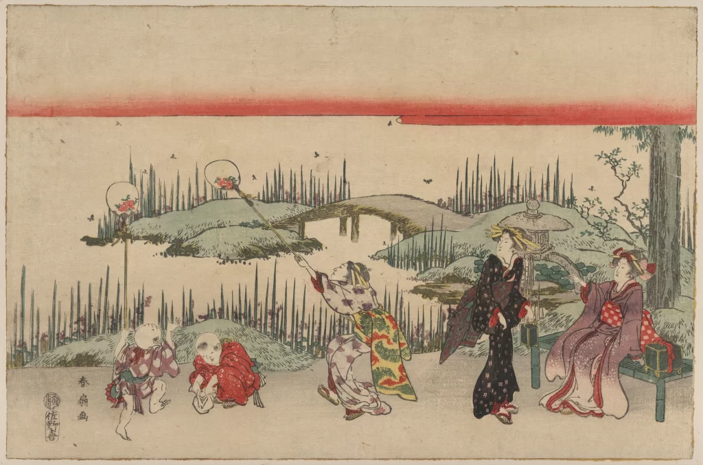 Traditional Japanese Ukiyo-e Landscape Figures Kite Nature