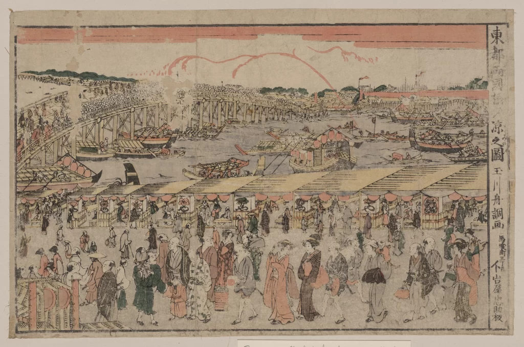 Traditional Japanese Ukiyo-e Market Boats Bridge