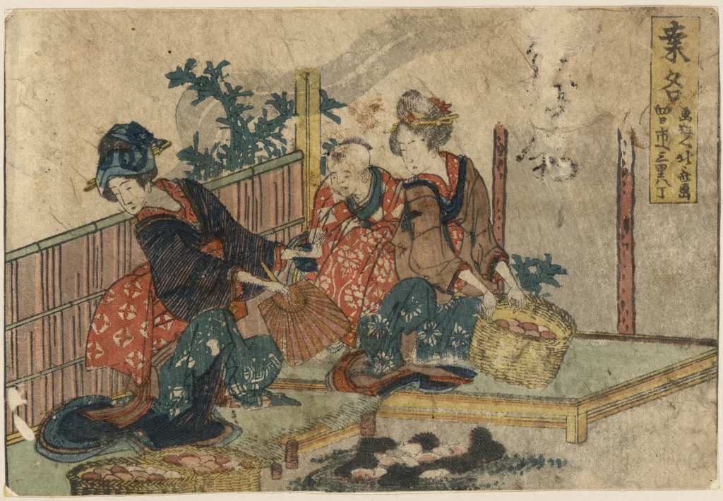 Traditional Japanese Ukiyo-e Women Basket Fan Clothing