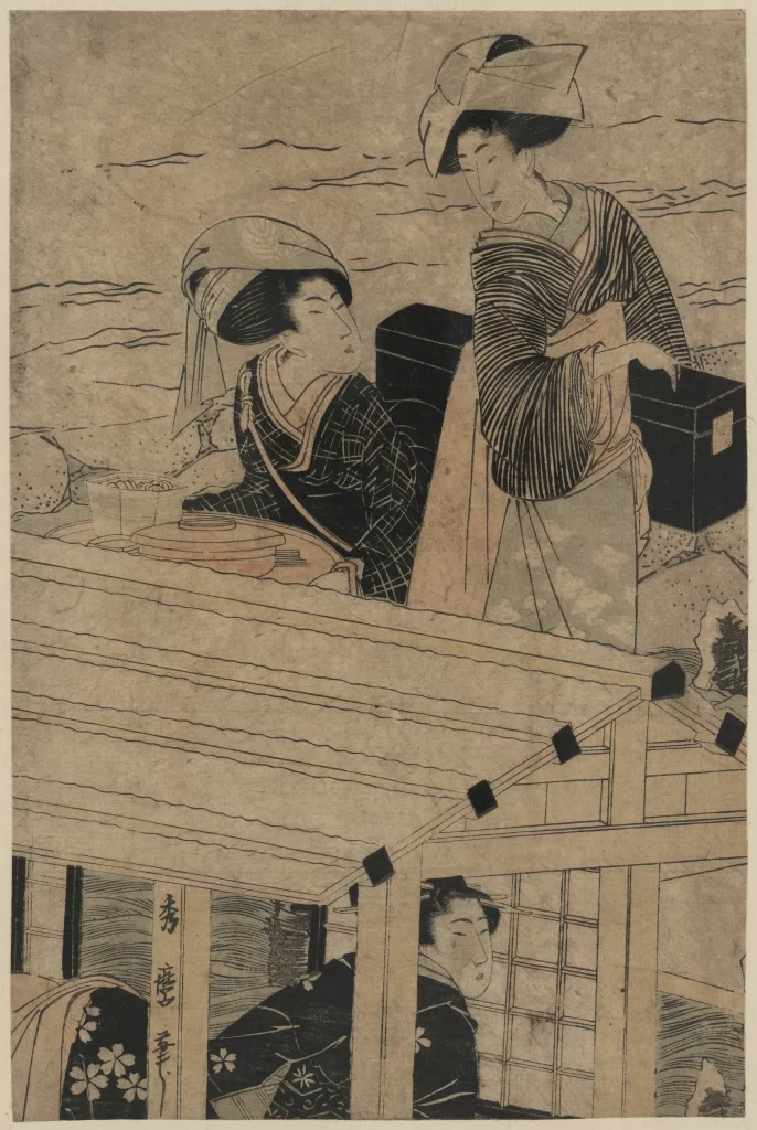 Traditional Japanese Ukiyo-e Women Kimono Boat Landscape