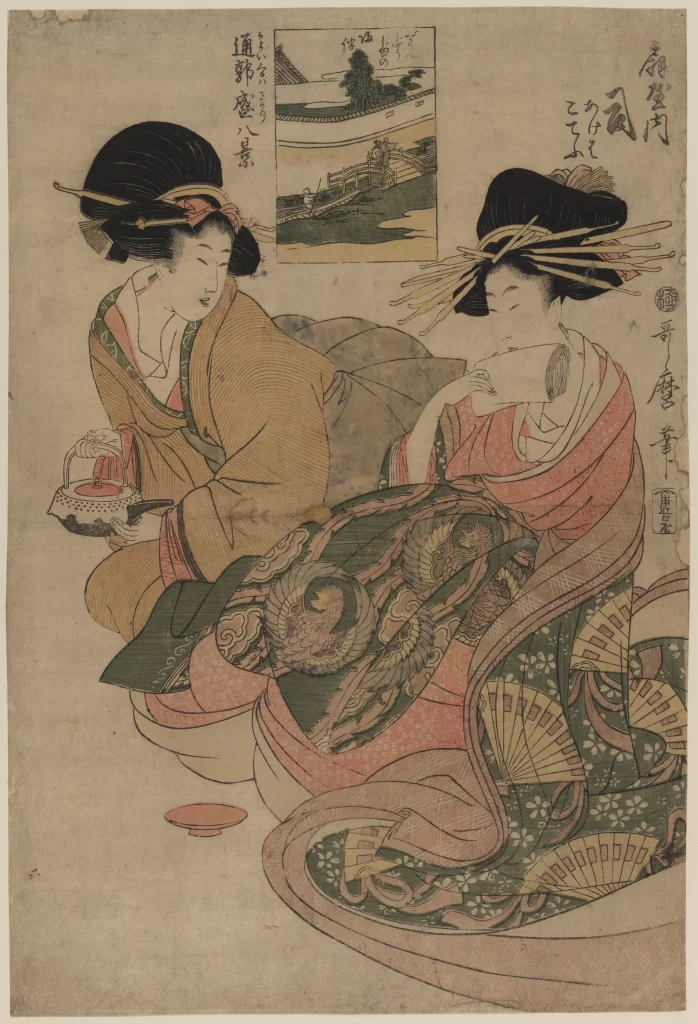 Traditional Japanese Ukiyo-e Women Tea Ceremony Kimono Landscape
