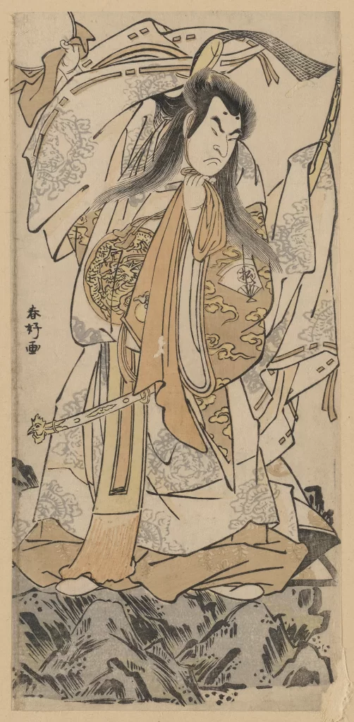 Traditional Japanese Warrior Detailed Costume Poised Stance Historical Figure Ukiyo-e Art Style