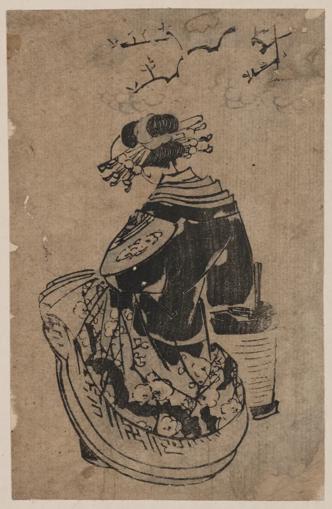 Traditional Japanese Woman Kimono Hair Ornaments Cherry Blossoms Woodblock Print