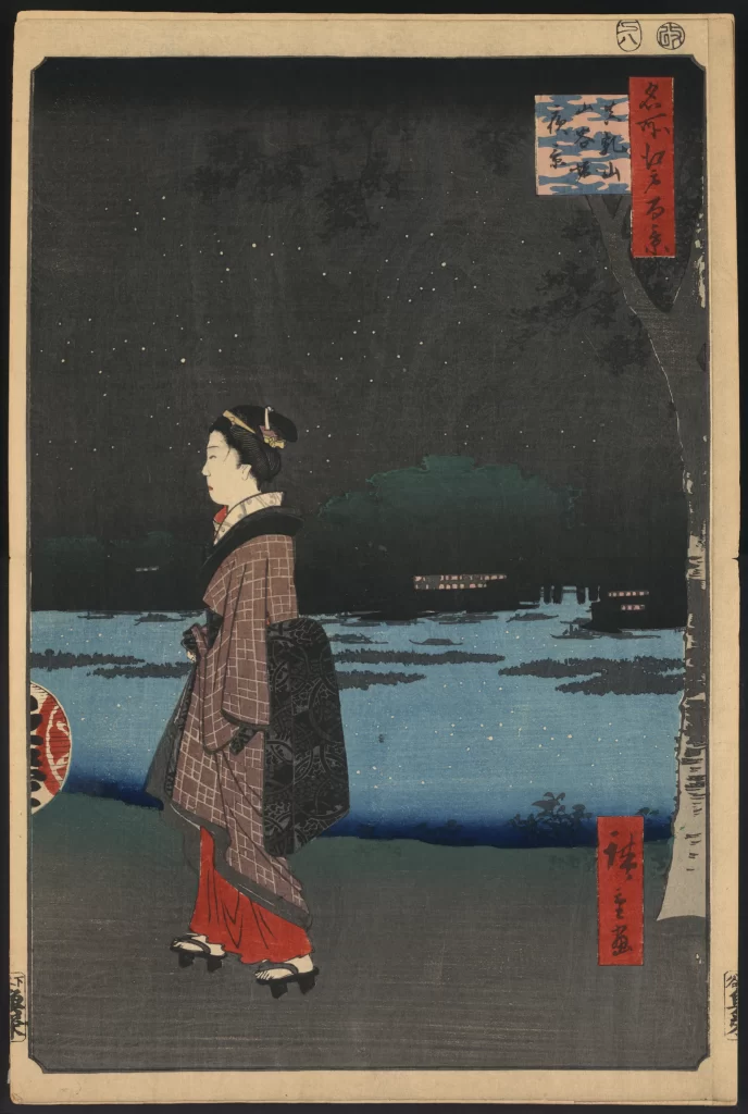 Traditional Japanese Woman Night Scene Starry Sky Kimono Ukiyo-e Nature