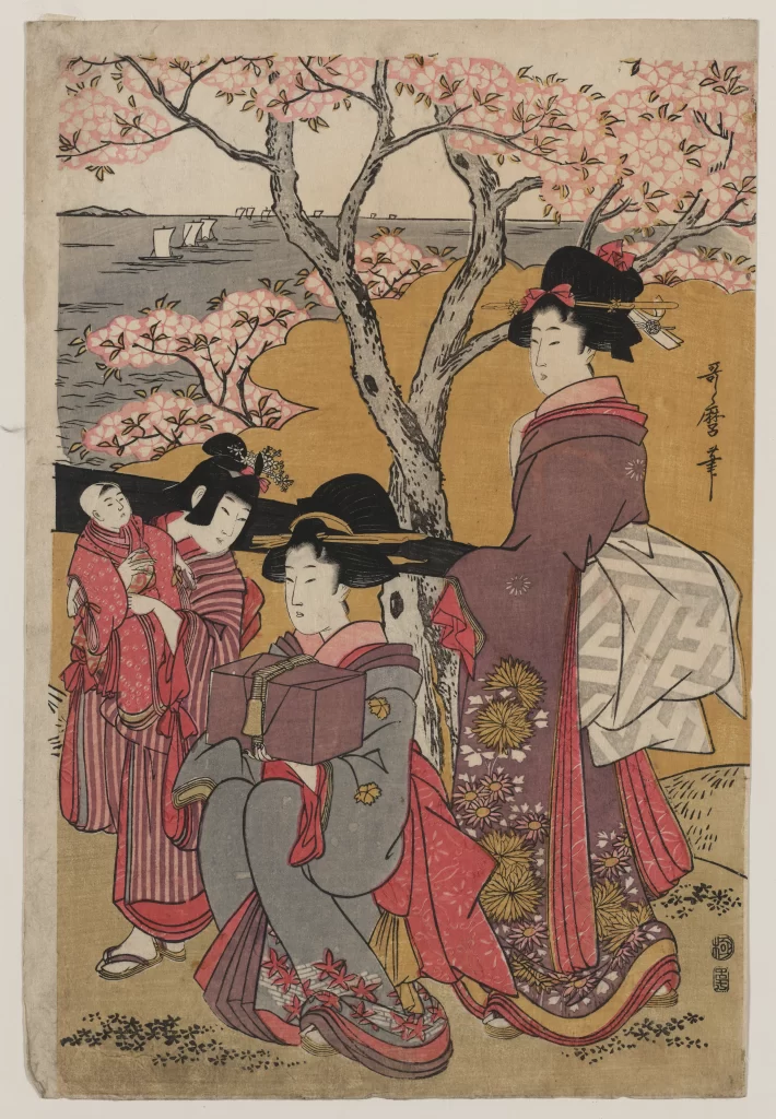 Traditional Japanese Women Cherry Blossoms Kimono Nature Cultural Scene