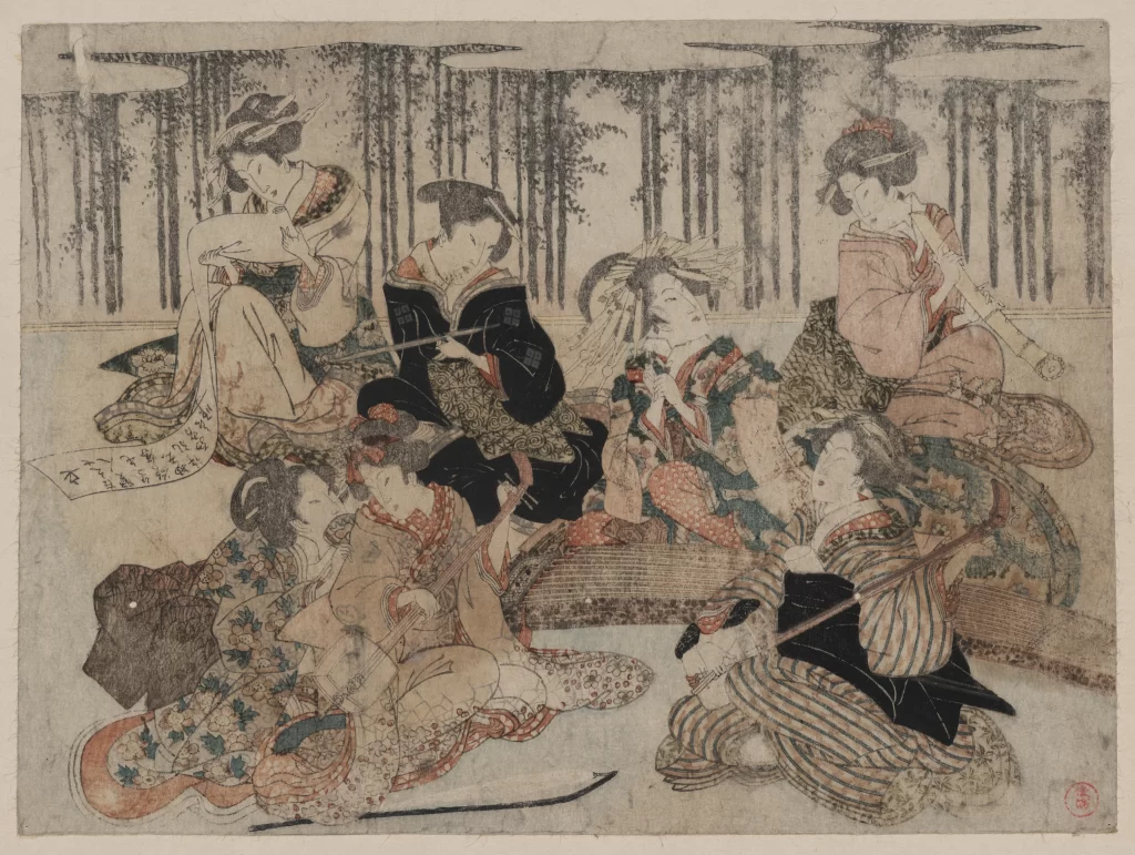 Traditional Japanese Women Cultural Attire Musical Instruments Serene Setting Historical Art