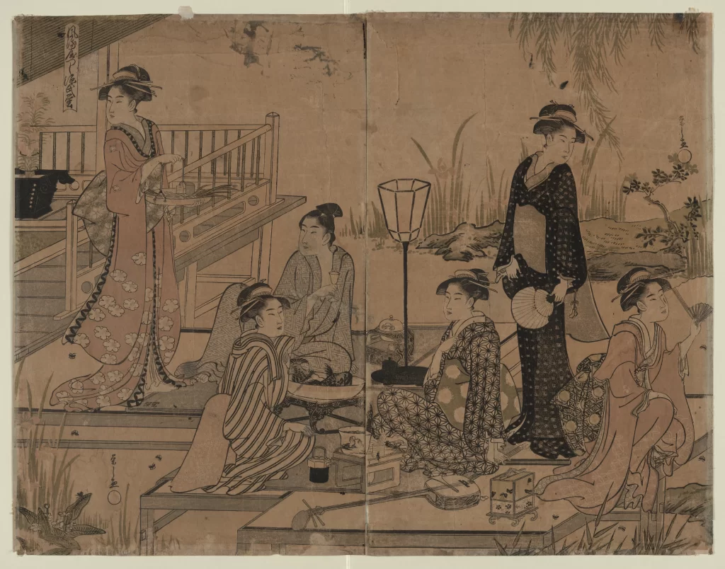 Traditional Japanese Women Garden Setting Tea Ceremony Kimono Edo Period Cultural Scene