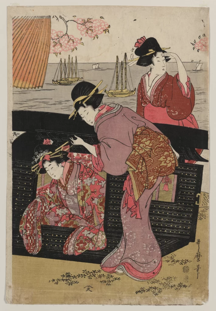 Traditional Japanese Women Kimono Cherry Blossoms Boats Ukiyo-e Edo Period