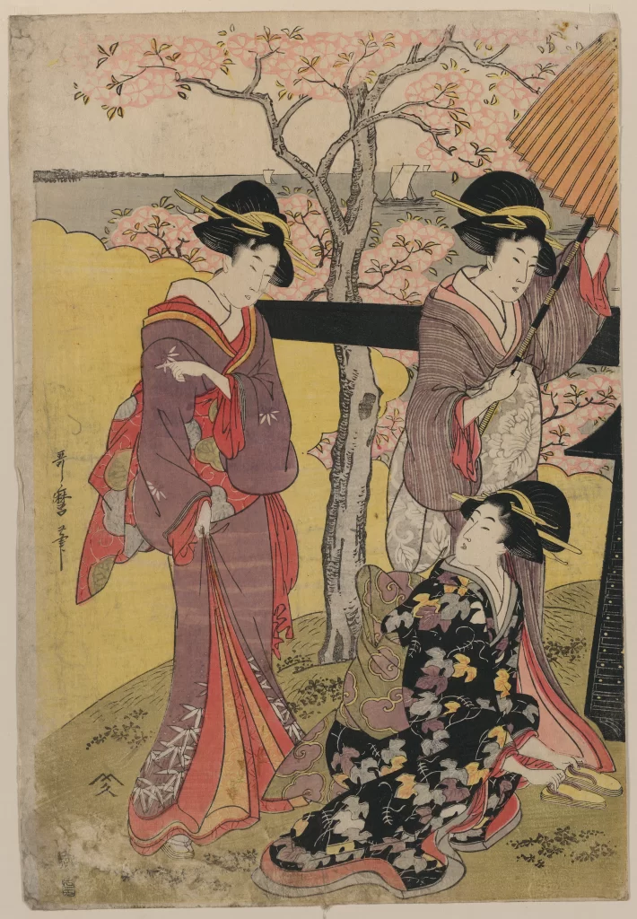 Traditional Japanese Women Kimono Cherry Blossoms Garden Edo Period