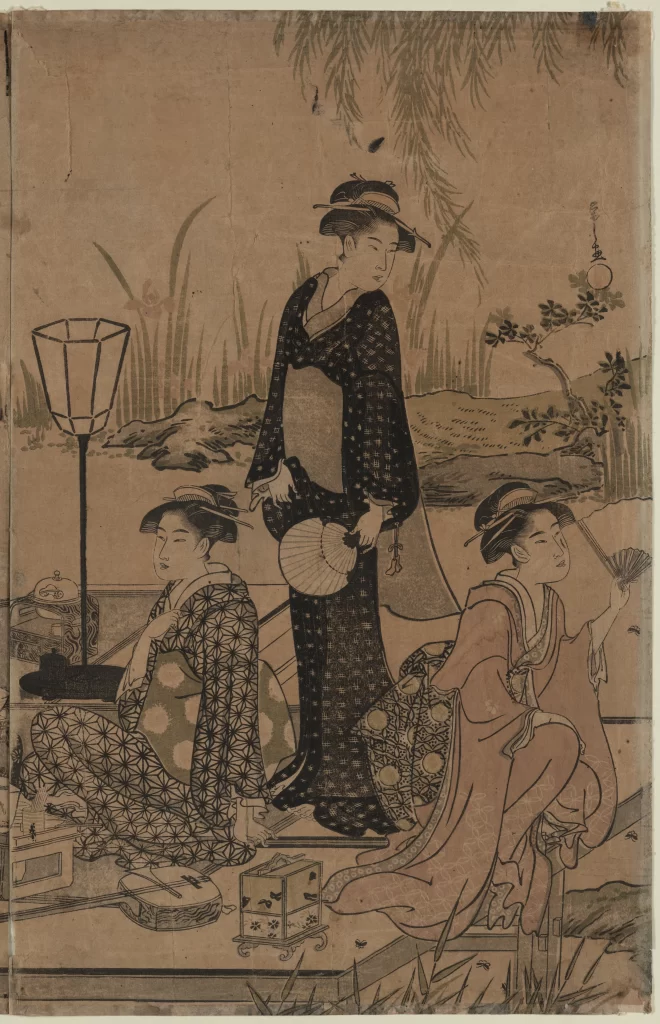 Traditional Japanese Women Kimono Garden Lantern Fan Ukiyo-e