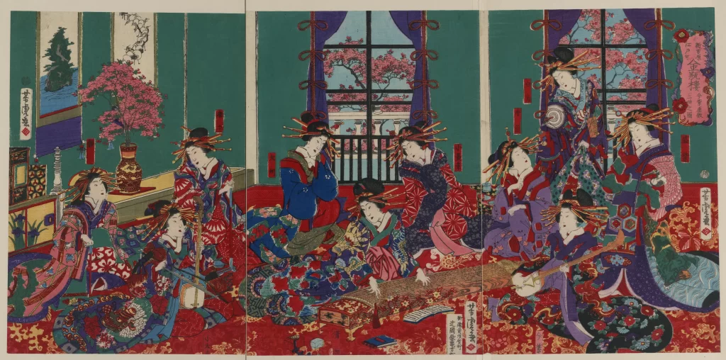 Traditional Japanese Women Kimono Music Cherry Blossoms Interior Setting