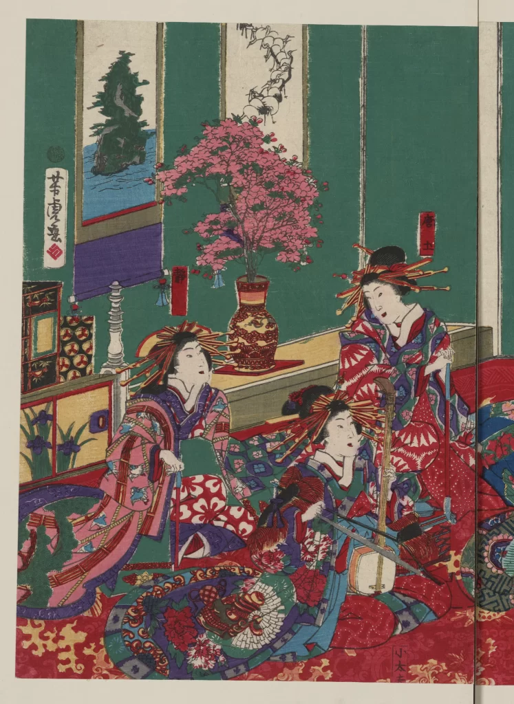 Traditional Japanese Women Kimono Music Flowers Art