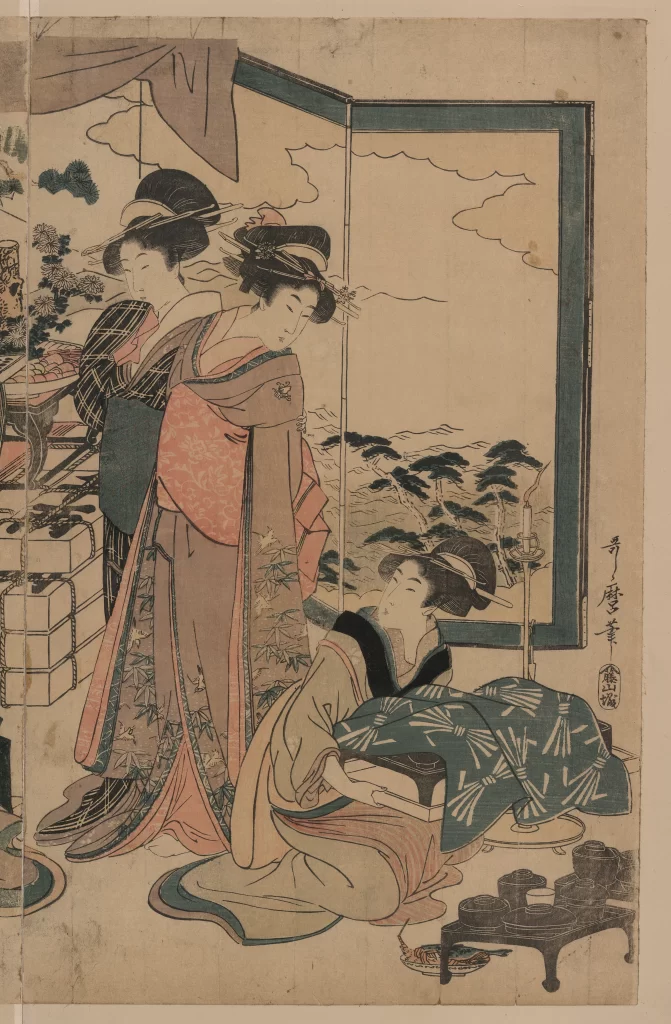 Traditional Japanese Women Kimono Tea Ceremony Landscape Ukiyo-e Art