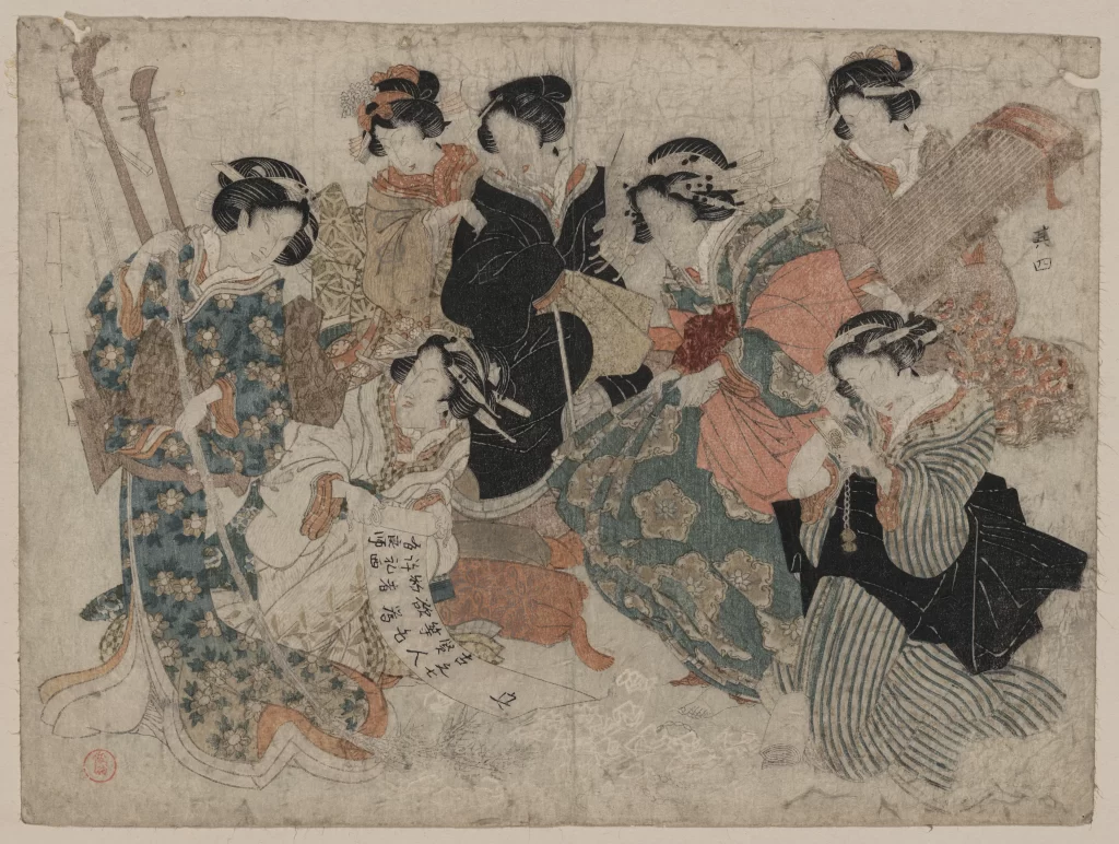 Traditional Japanese Women Kimonos Instruments Calligraphy Gathering